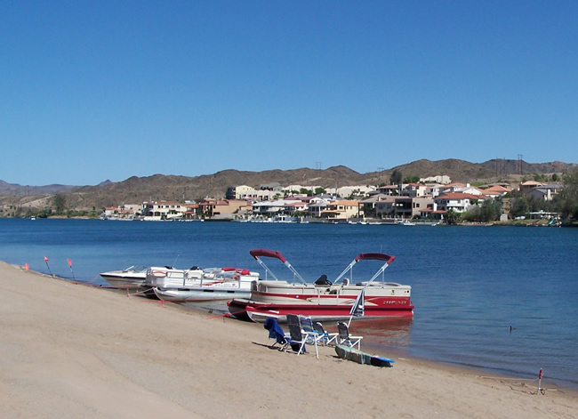Boats on beach on Colorado River Arizona